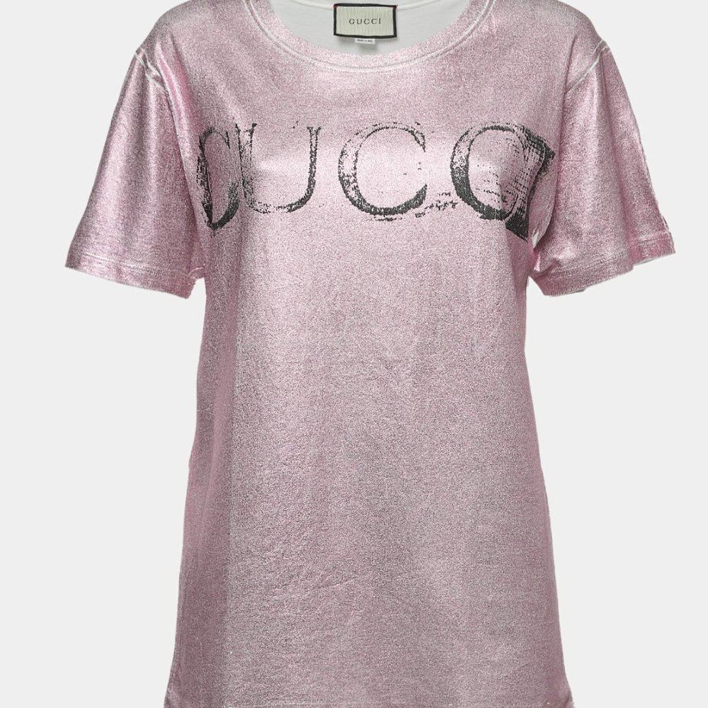 Gucci Pink/White Logo Print Cotton Half Sleeve T-Shirt